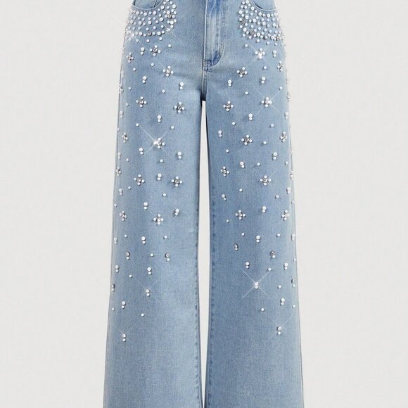 Denim - Blue Casual Women's Front Button Pocket Faux Pearl Decor Denim Jeans